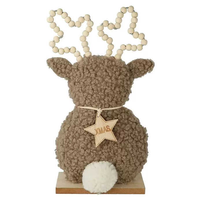 Dekofigur Hirsch - L x B x H: 13 x 5 x 24,5 cm, Braun/Grau, Holz, 1 Stk. - Fluffy braune Rentier-Dekoration mit sternförmigen Holzperlen-Geweihen, einem weißen flauschigen Schwanz und einem hölzernen 'XMAS'-Sternanhänger auf Holzsockel.