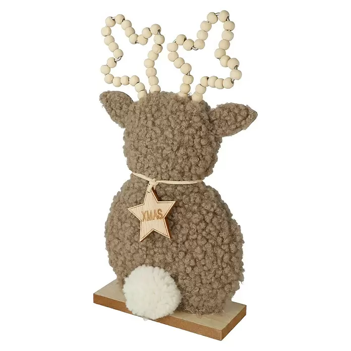 Dekofigur Hirsch - L x B x H: 13 x 5 x 24,5 cm, Braun/Grau, Holz, 1 Stk. - Flauschige braune Rentier-Weihnachtsdeko mit Holzperlen-Geweih, einem sternförmigen 'XMAS'-Anhänger und weißem Bommelschwanz auf Holzsockel.