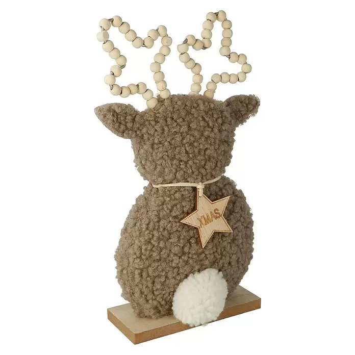 Dekofigur Hirsch - L x B x H: 13 x 5 x 24,5 cm, Braun/Grau, Holz, 1 Stk. - Braune lockige Plüsch-Rentier Weihnachtsdekoration mit Holzperlen-Geweih, hölzernem Sternanhänger "XMAS" und weißem Plüschwuschelschwanz auf Holzsockel.