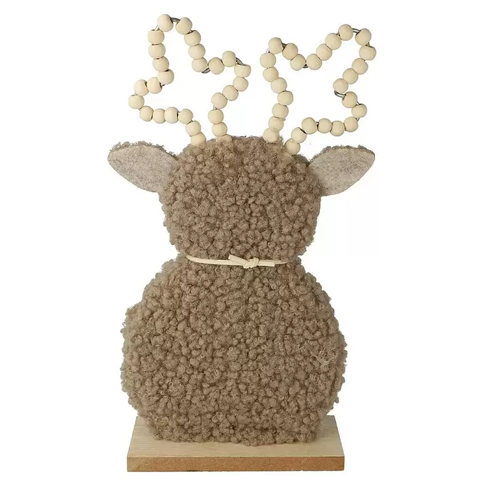 Dekofigur Hirsch - L x B x H: 13 x 5 x 24,5 cm, Braun/Grau, Holz, 1 Stk. - Lockiges braunes Deko-Reh mit Filzohren, Geweih aus Holzperlen und hellem Holzsockel.