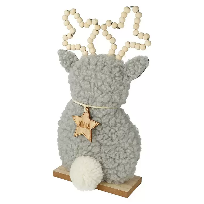 Dekofigur Hirsch - L x B x H: 13 x 5 x 24,5 cm, Braun/Grau, Holz, 1 Stk. - Graue flauschige Rentier-Deko mit XMAS-Geweih aus Holzperlen, einem XMAS-Sternanhänger und weißem Bommelschwanz auf Holzsockel.