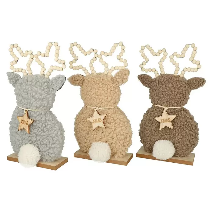 Dekofigur Hirsch - L x B x H: 13 x 5 x 24,5 cm, Braun/Grau, Holz, 1 Stk. - Drei flauschige Rentier-Weihnachtsdekorationen in Grau, Beige und Braun mit Perlgeweih und "XMAS"-Anhängern.