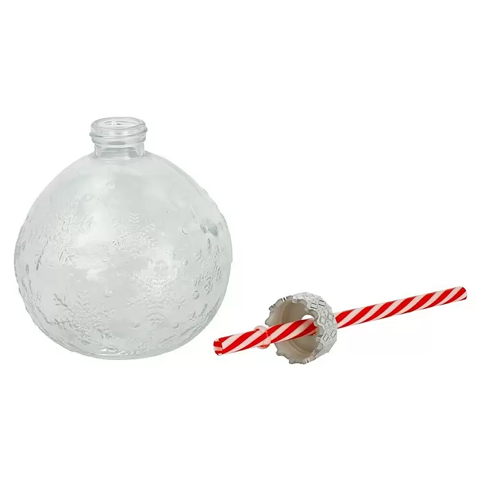 Trinkglas Partybecher Julia - Glas, Rot/Transparent - Klare Glas-Ornamentflasche mit Schneeflocken-Design und rot-weiß gestreiftem Strohhalm durch einen silbernen Flaschenverschluss.