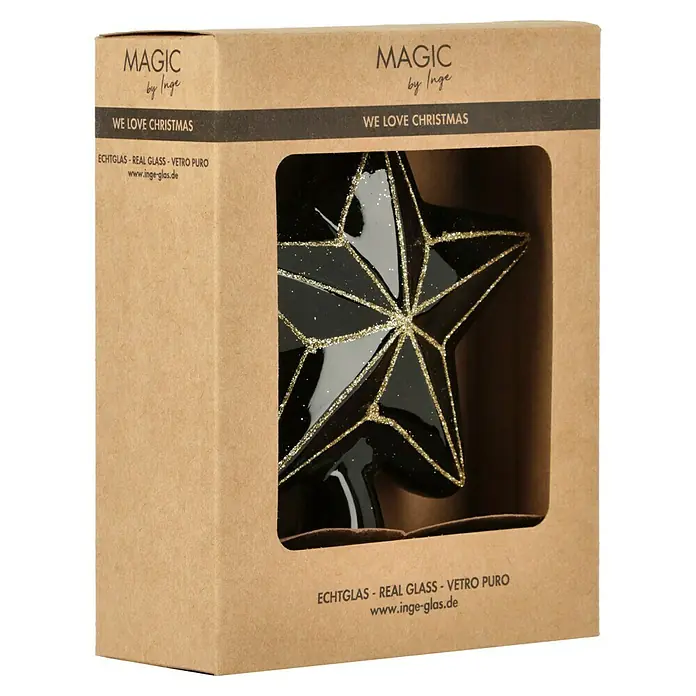 Christbaumspitze - Länge: 14 cm, Ebony Black - Eine sternförmige, schwarze Weihnachtsbaumspitze mit goldenen Akzenten in einer braunen Verpackung von Magic by Inge.