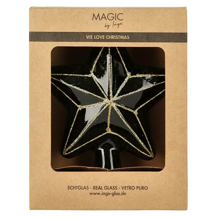 Christbaumspitze - Länge: 14 cm, Ebony Black - Produktfoto einer schwarzen Weihnachtsbaumspitze von Magic by Inge mit goldenen Akzenten in einer beigen Verpackung.