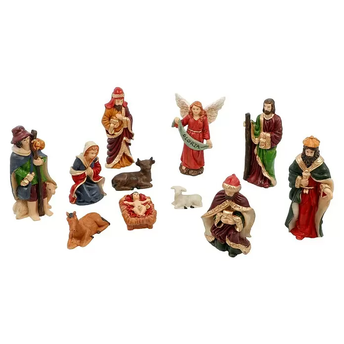 Krippenfiguren-Set - L x B x H: 20,5 x 5 x 29,5 cm, Kunststein, 11 Stk. - Ein farbenfrohes Krippenfiguren-Set mit Maria, Josef, Jesuskind, drei Weisen, einem Hirten, Engel und Tieren.