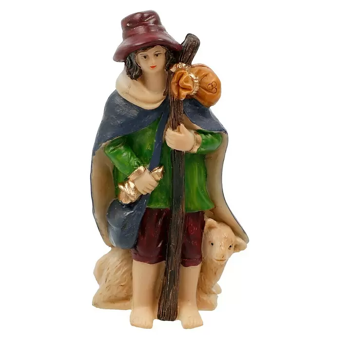 Krippenfiguren-Set - L x B x H: 20,5 x 5 x 29,5 cm, Kunststein, 11 Stk. - Bemalte Kunstharzfigur eines Hirten mit Hut, Stab und Lamm zu seinen Füßen.