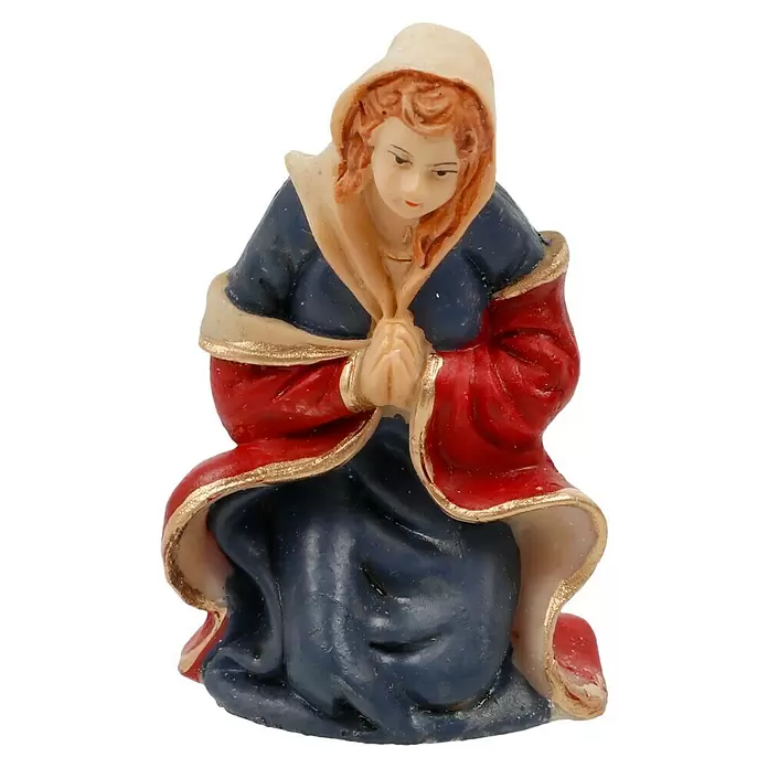 Krippenfiguren-Set - L x B x H: 20,5 x 5 x 29,5 cm, Kunststein, 11 Stk. - Kniende Frauenfigur mit cremefarbener Kapuze, blauem Gewand, roten Ärmeln und goldener Borte, Hände gefaltet.