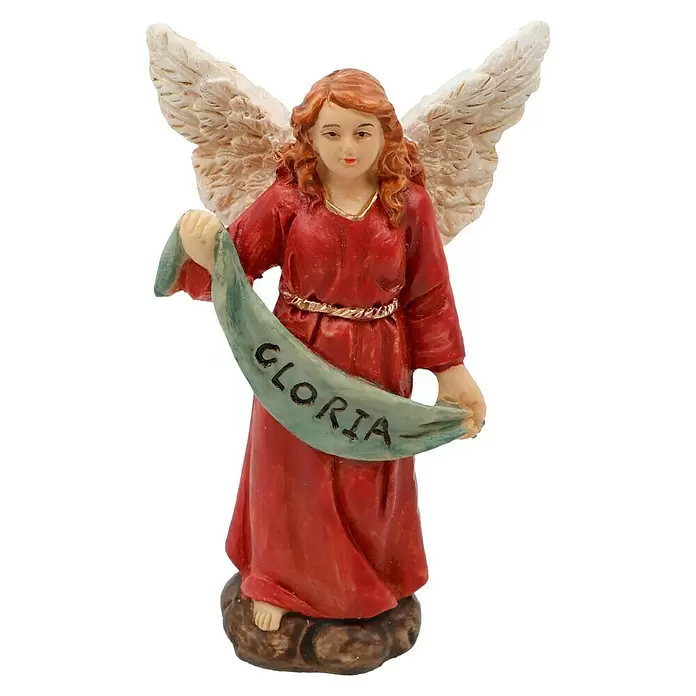 Krippenfiguren-Set - L x B x H: 20,5 x 5 x 29,5 cm, Kunststein, 11 Stk. - Engelfigur in rotem Kleid mit weißen Flügeln, hält ein türkises Banner mit „GLORIA“-Aufschrift.