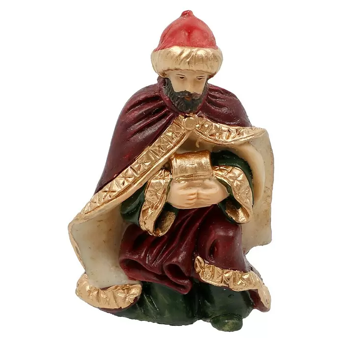 Krippenfiguren-Set - L x B x H: 20,5 x 5 x 29,5 cm, Kunststein, 11 Stk. - Kniende Magier-Figur in Rot und Gold, hält ein goldenes Geschenk. Keramik-Krippendekoration.