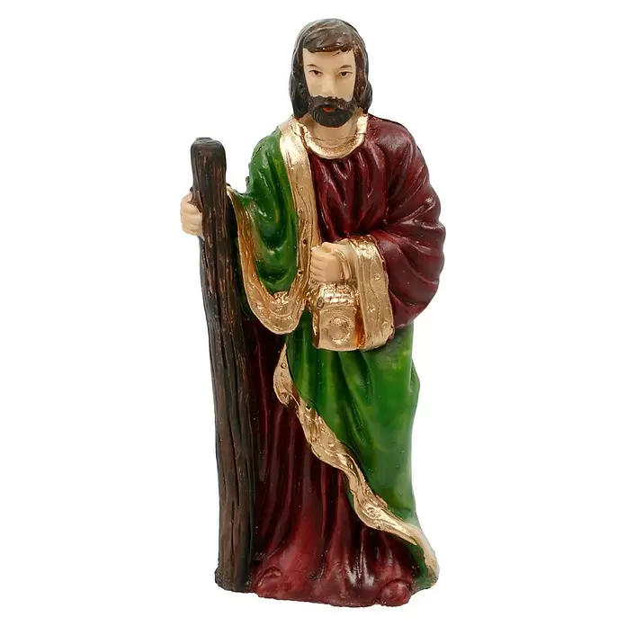 Krippenfiguren-Set - L x B x H: 20,5 x 5 x 29,5 cm, Kunststein, 11 Stk. - Heiliger Josef Figur in grünen, bordeauxroten und goldenen Gewändern, mit Stab und Laterne.
