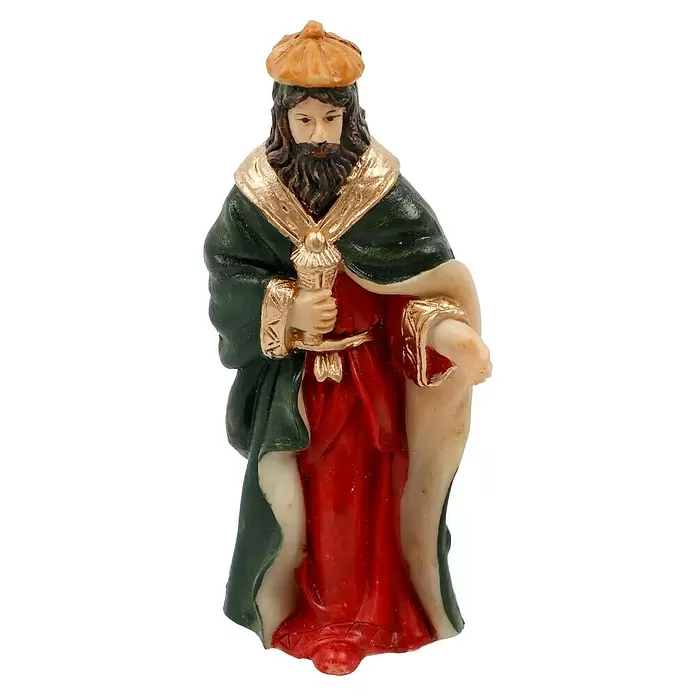 Krippenfiguren-Set - L x B x H: 20,5 x 5 x 29,5 cm, Kunststein, 11 Stk. - Weihnachtskrippenfigur eines Weisen in grünen und roten Gewändern mit Goldrand, hält einen goldenen Kelch.