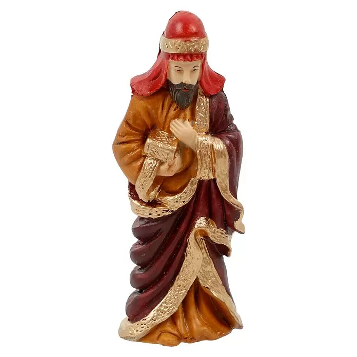 Krippenfiguren-Set - L x B x H: 20,5 x 5 x 29,5 cm, Kunststein, 11 Stk. - Figur eines Heiligen Drei Königs in roten, goldenen und braunen Gewändern, ein goldenes Geschenk haltend. Ideal für Weihnachtskrippen.