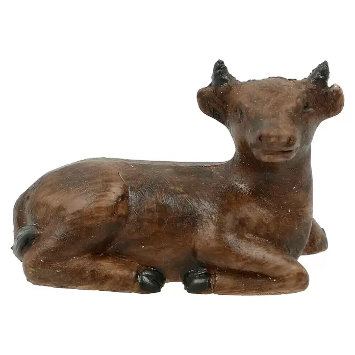 Krippenfiguren-Set - L x B x H: 20,5 x 5 x 29,5 cm, Kunststein, 11 Stk. - Braune, texturierte Ochsen- oder Kälberfigur, liegend, mit kleinen Hörnern.