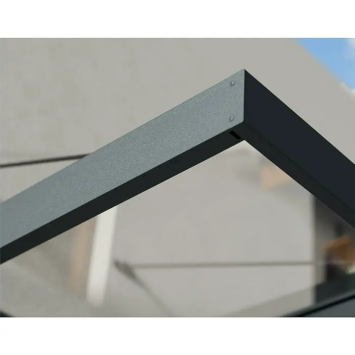 Palram – Canopia Pultvordach Sophia XL - 472 x 140 x 17 cm, Anthrazitgrau, Farbe Dach: Klar - Detailaufnahme eines stilvollen, anthrazitfarbenen Rahmens, der ein modernes Design und hochwertige Verarbeitung erkennen lässt.