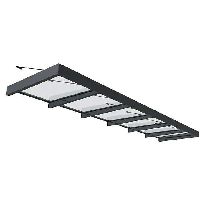 Palram – Canopia Pultvordach Sophia XL - 565 x 140 x 17 cm, Anthrazitgrau, Farbe Dach: Klar - Nahaufnahme einer modernen Glasüberdachung mit dunklem Rahmen, die Schutz und Design vereint.\n