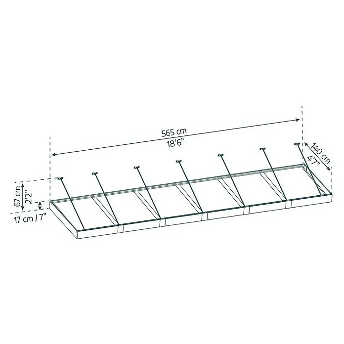 Palram – Canopia Marquesina para puerta Sophia XL - 565 x 140 x 17 cm, Gris antracita, Color del techo: Claro - Representación esquemática de un sistema de estanterías rectangular largo que mide 565 cm de largo y 140 cm de ancho.