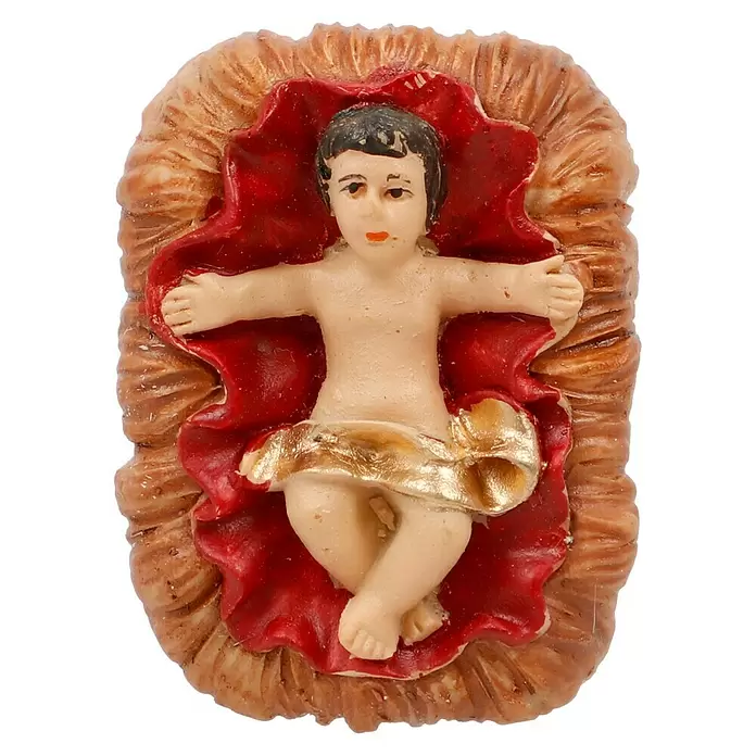 Krippenfiguren-Set - L x B x H: 20,5 x 5 x 29,5 cm, Kunststein, 11 Stk. - Handbemalte Baby Jesus Figur in brauner Krippe mit rotem Tuch und goldener Schärpe.