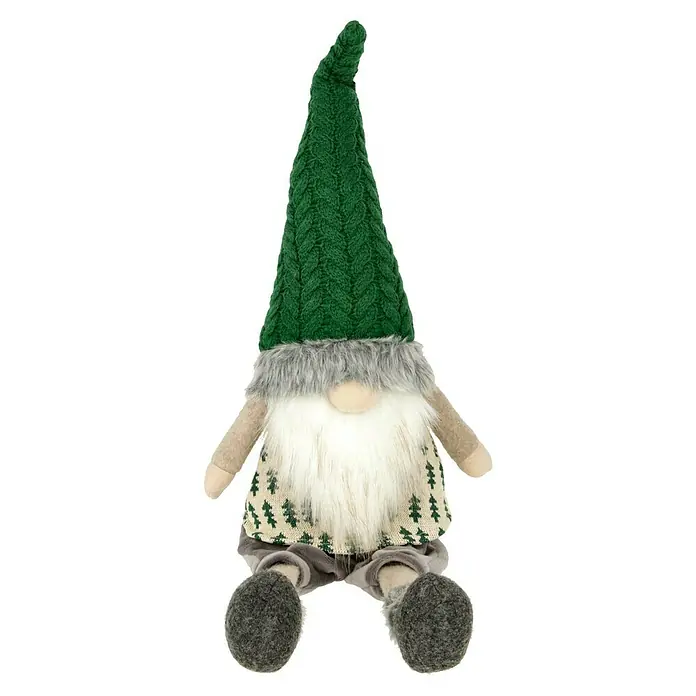 Dekofigur Weihnachtswichtel - L x B x H: 18 x 12 x 58 cm, Grün/Grau, Holz - Weihnachtlicher Zwerg mit grünem Strickhut, grauem Bart und einem Anzug mit Tannenbaum-Muster für festliche Dekorationen.
