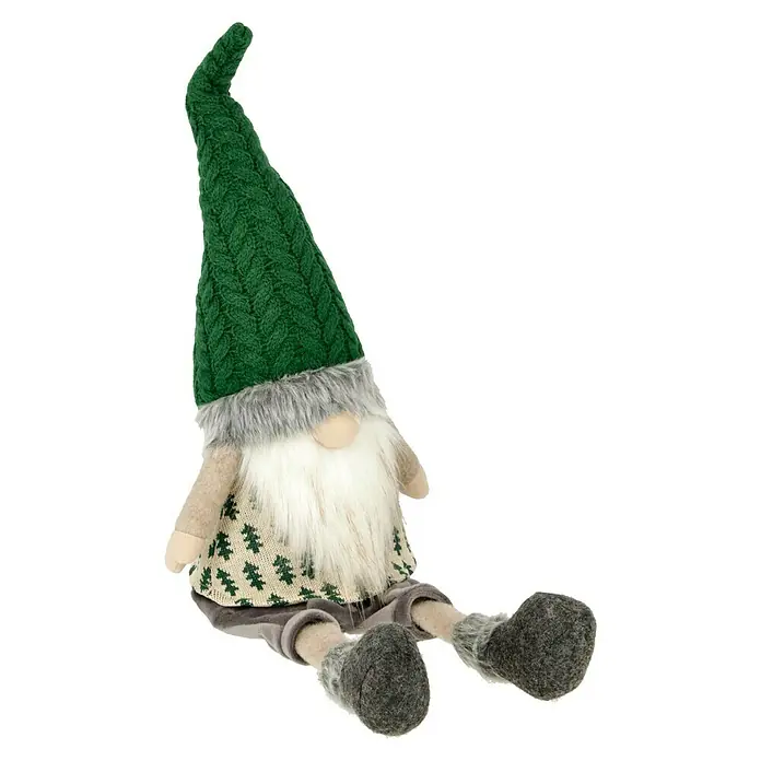 Dekofigur Weihnachtswichtel - L x B x H: 18 x 12 x 58 cm, Grün/Grau, Holz - Niedlicher Plüsch-Gnom mit grünem Strickhut, langem Bart und grauem Outfit, ideal für festliche Dekorationen.