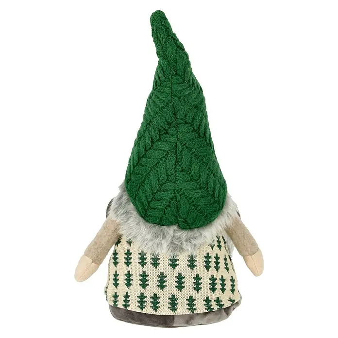 Dekofigur Weihnachtswichtel - L x B x H: 18 x 12 x 58 cm, Grün/Grau, Holz - Ein festlicher Zwerg mit einem grünen Strickhut, der eine winterliche Strickjacke mit Tannenbaum-Motiv trägt, ideal für die Weihnachtsdekoration.