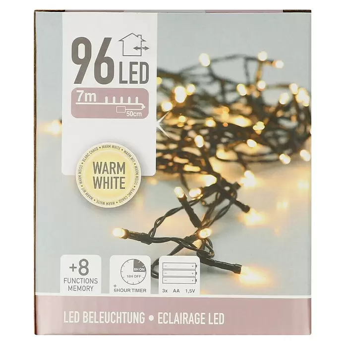 LED-Lichterkette - Außen, 7,2 m, Lichtfarbe: Warmweiß, Anzahl Leuchtmittel: 96 Stk., Batteriebetrieben - Batteriebetriebene warmweiße LED-Lichterkette, 7m lang, 96 LEDs, 8 Funktionen, Timer. Benötigt 3x AA Batterien.