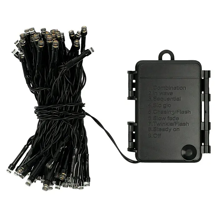 Guirnalda luminosa LED - Para exterior, 7,2 m, Color de luz: Blanco cálido, Número de bombillas: 96 ud., Funciona con pilas - Guirnalda de luces LED con varios modos, completa con un cable negro, ideal para ambientes interiores y exteriores.