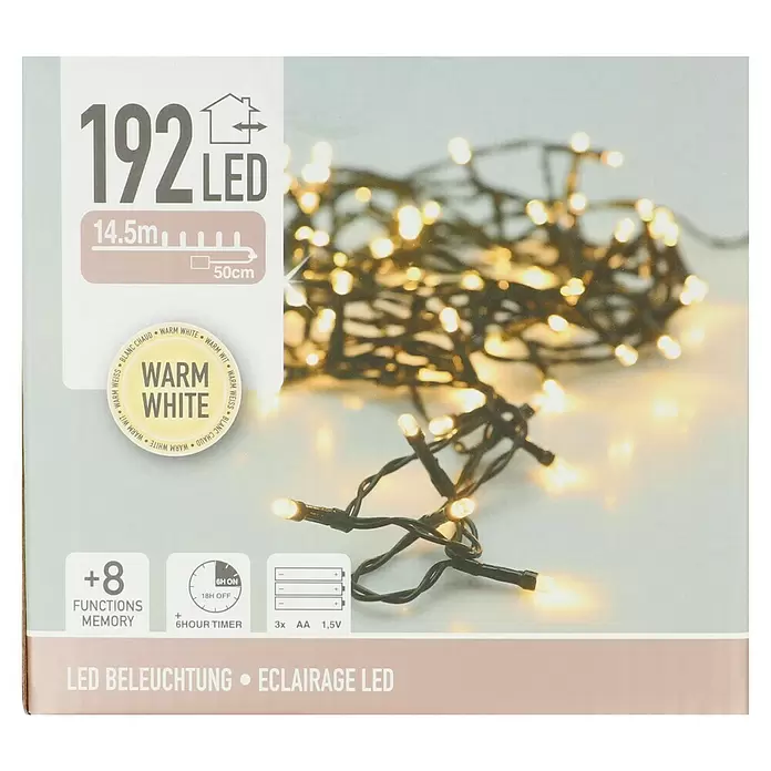 LED-Lichterkette - Außen, 15 m, Lichtfarbe: Warmweiß, Anzahl Leuchtmittel: 192 Stk., Batteriebetrieben - Verpackung für 192 warmweiße LED-Lichterkette, 14,5m lang, batteriebetrieben mit 8 Funktionen und 6-Stunden-Timer.