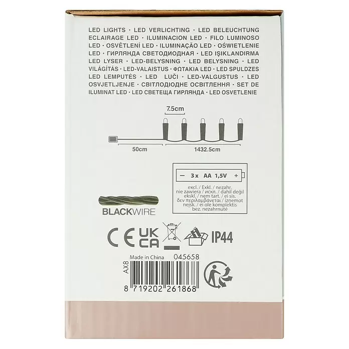 LED-Lichterkette - Außen, 15 m, Lichtfarbe: Warmweiß, Anzahl Leuchtmittel: 192 Stk., Batteriebetrieben - Verpackung für LED-Lichter der Marke Blackwire, zeigt Maße, Batteriebedarf (3x AA 1,5V, nicht enthalten) und Zertifizierungen.