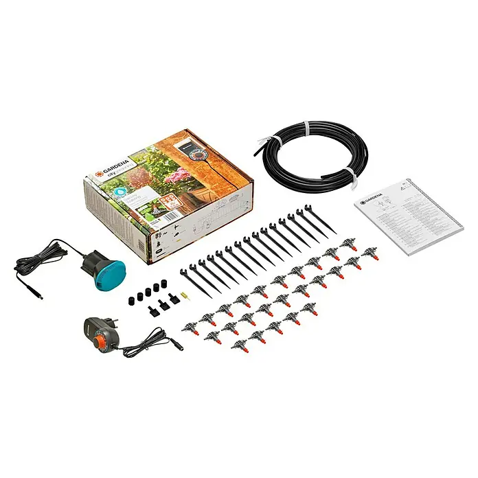 Gardena Micro-Drip Blumenkasten-Bewässerungs-SetEinsatzbereich: Bewässerungstechnik - Produktfoto eines Gardena City Gardening Bewässerungssets mit Zubehör und Anleitung für die automatische Bewässerung von Balkonpflanzen.