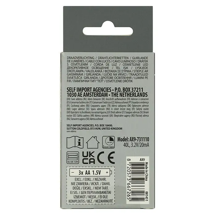 LED-Lichterdraht - Innen, 195 cm, Lichtfarbe: Warmweiß, 40 Stk., Batteriebetrieben - Verpackungsrückseite einer Lichterkette mit Informationen zu Batterien, Modellnummer, Herstellungsort und diversen Warnhinweisen.