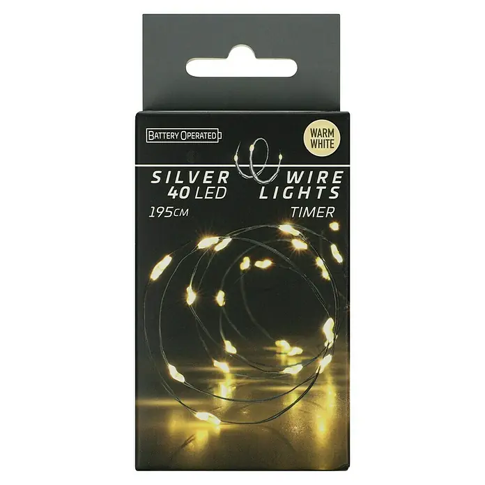 LED-Lichterdraht - Innen, 195 cm, Lichtfarbe: Warmweiß, 40 Stk., Batteriebetrieben - Verpackung für eine silberne Drahtlichterkette mit 40 LEDs, batteriebetrieben und mit Timer für eine warme, weiße Beleuchtung.