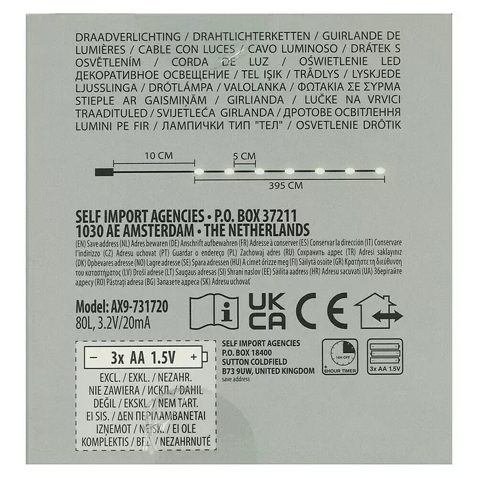 LED-Lichterdraht - Außen, 395 cm, Lichtfarbe: Warmweiß, 80 Stk., Batteriebetrieben - Etikett für batteriebetriebene LED-Lichterkette (80 Lichter, 395 cm, 3x AA) mit 6-Stunden-Timer.