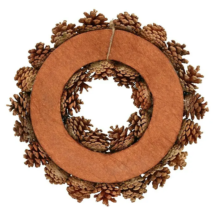 Dekokranz Tannenzapfen - 35 cm, Braun - Dekorativer Weihnachtskranz mit Kiefernzapfen und einem braunen Holzreifen, ideal für festliche Dekorationen und eine warme, natürliche Atmosphäre.