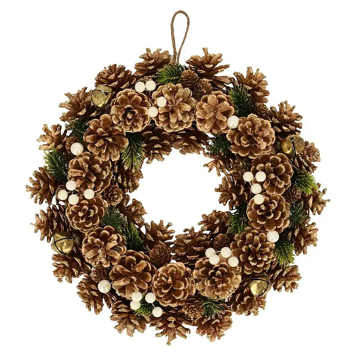 Dekokranz Tannenzapfen - 35 cm, Braun - Festlicher Weihnachtskranz aus Tannenzapfen mit goldenem Glitzer, weißen Perlen und kleinen Glocken.