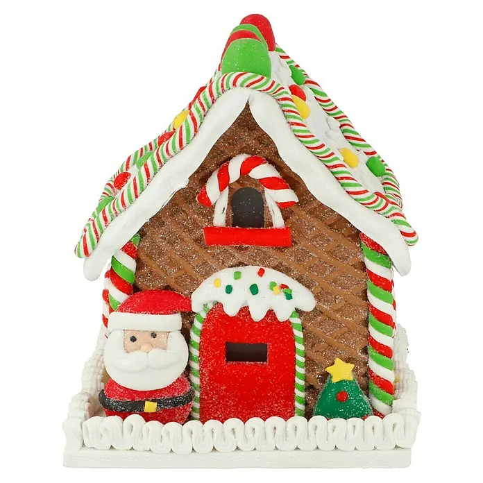 LED-Weihnachtsdekoleuchte Lebkuchenhaus - 12 x 14 x 12 cm, Mehrfarbig, Batteriebetrieben, LED - Süßes Lebkuchenhaus mit Zuckerstange, Weihnachtsmann und Zuckerdekoration, ideal für die festliche Dekoration Ihres Zuhauses.