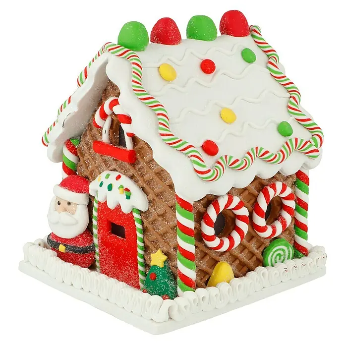 LED-Weihnachtsdekoleuchte Lebkuchenhaus - 12 x 14 x 12 cm, Mehrfarbig, Batteriebetrieben, LED - Bild eines detailreichen Lebkuchenhauses mit bunten Süßigkeiten verziert, ideal für festliche Dekorationen und Weihnachtsfreude.