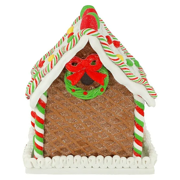LED-Weihnachtsdekoleuchte Lebkuchenhaus - 12 x 14 x 12 cm, Mehrfarbig, Batteriebetrieben, LED - Lebkuchenhaus mit Zuckerstange, Zuckerguss und roter Schleife.