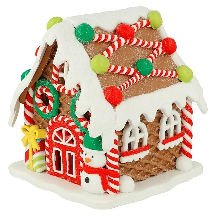 LED-Weihnachtsdekoleuchte Lebkuchenhaus - 12 x 14 x 12 cm, Mehrfarbig, Batteriebetrieben, LED - Lebkuchenhaus mit Zuckerstange und Schneemann, festlich geschmückt, ideal als Weihnachtsdekoration und Geschenkidee.