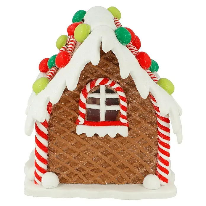 LED-Weihnachtsdekoleuchte Lebkuchenhaus - 12 x 14 x 12 cm, Mehrfarbig, Batteriebetrieben, LED - Süßes Lebkuchenhaus mit Zuckerstangen, Gummibärchen und vereistem Dach für die festliche Weihnachtsdekoration.