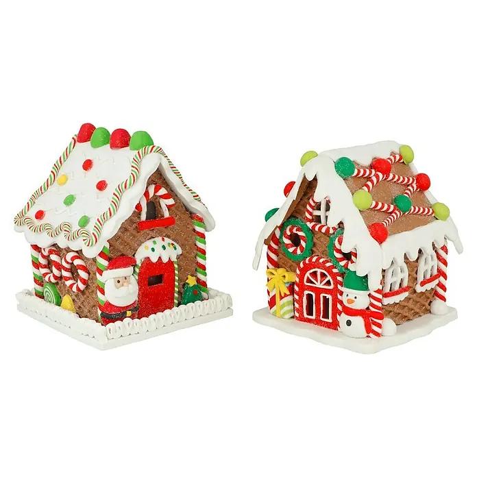 LED-Weihnachtsdekoleuchte Lebkuchenhaus - 12 x 14 x 12 cm, Mehrfarbig, Batteriebetrieben, LED - Zwei dekorative Lebkuchenhäuser mit Zuckerstangen, Bonbons und Zuckerguss.