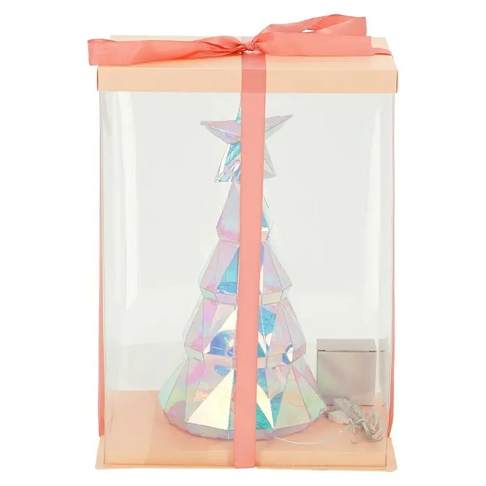 Tween Light Lámpara LED decorativa con caja de regalo - Multicolor, L x An x Al: 19 x 19 x 38 cm, Árbol - Árbol de Navidad iridiscente en caja de regalo con estrella, presentado en una caja transparente con lazo.