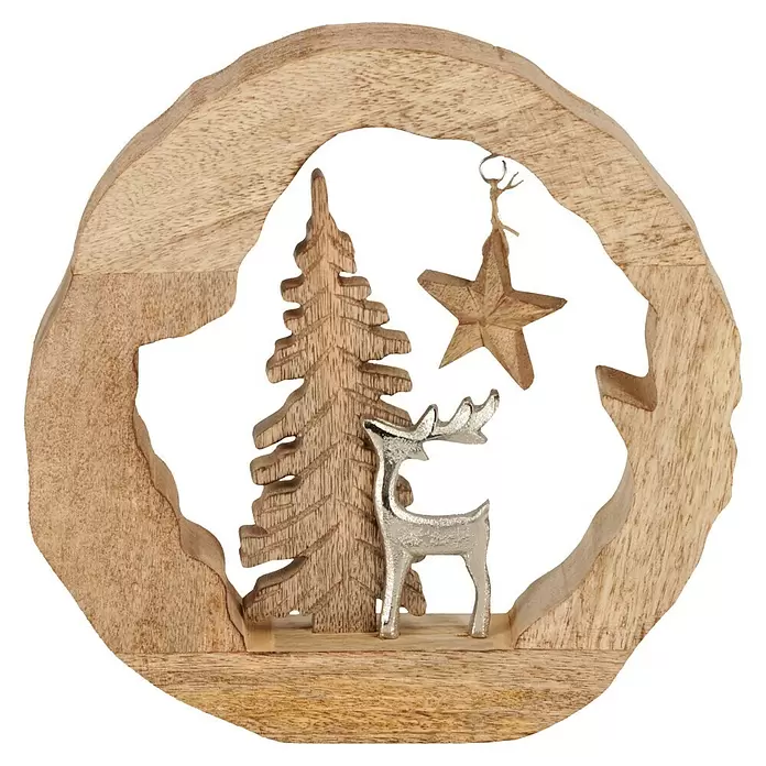Dekoelement Hirsch & Tanne - L x B x H: 23 x 5 x 23 cm, Braun, Silber, Holz - Holz-Weihnachtsdekoration mit geschnitztem Baum, silbernem Hirsch und hängendem Stern in einem Naturholzrahmen.