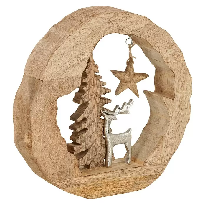 Dekoelement Hirsch & Tanne - L x B x H: 23 x 5 x 23 cm, Braun, Silber, Holz - Weihnachtsdeko aus Holz mit Naturholzrahmen, geschnitztem Baum, silbernem Hirsch und hängendem Holzstern.