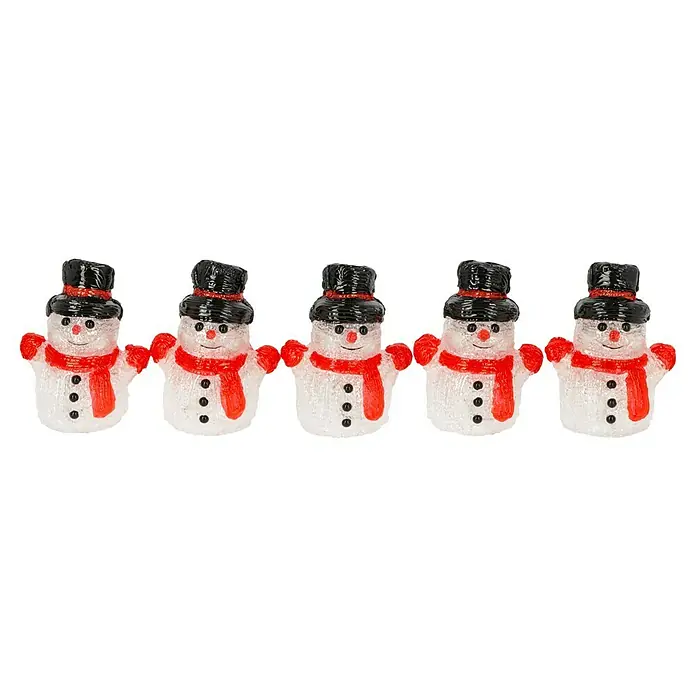 Tween Light LED-Lichterkette Schneemann - Innen, Lichtfarbe: Warmweiß, Anzahl Leuchtmittel: 40 Stk., Batteriebetrieben - Reihe niedlicher Schneemannfiguren mit roten Schals und Hüten, die festlich geschmückt sind.