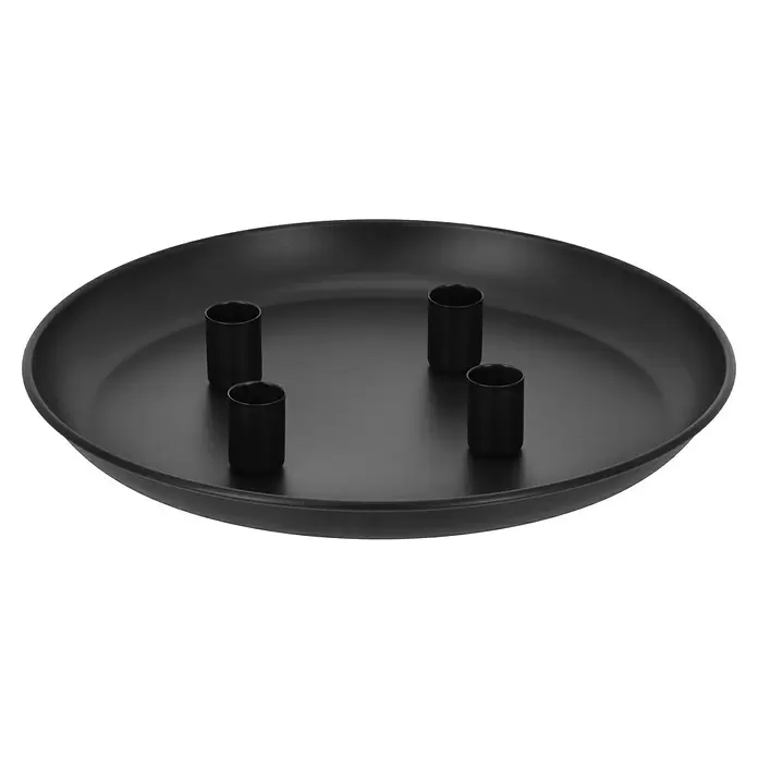 Adventskerzenhalter magnetisch - Schwarz - Schwarzes rundes Tablett mit vier integrierten zylindrischen Kerzenhaltern.