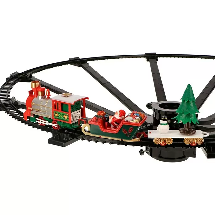 Christbaumschmuck Weihnachtszug - Rot, Schwarz, Kunststoff - Weihnachtliche Spielzeugeisenbahn mit Weihnachtsmann, Geschenken, Weihnachtsbaum und Schneemann auf schwarzer Schiene.