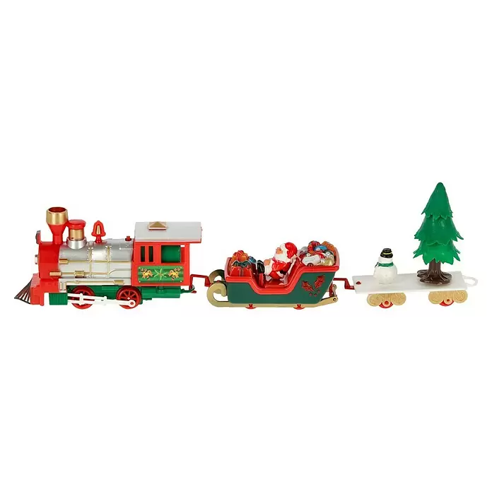 Christbaumschmuck Weihnachtszug - Rot, Schwarz, Kunststoff - Ein festlicher Weihnachtsspielzeugzug: rote und silberne Lok, Schlittenwagen mit Weihnachtsmann und Geschenken, Flachwagen mit Schneemann und grünem Weihnachtsbaum.