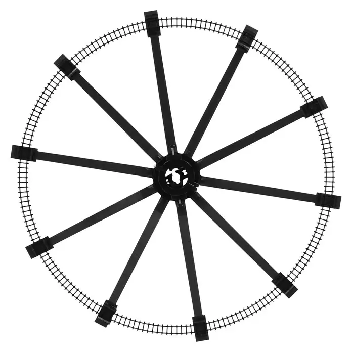Christbaumschmuck Weihnachtszug - Rot, Schwarz, Kunststoff - Schwarze kreisförmige Modelleisenbahnschiene mit radialen Stützen.