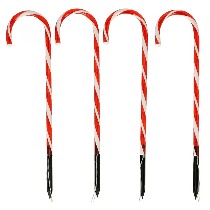 Tween Light LED-Gartenstecker Zuckerstangen - Innen, Lichtfarbe: Rot, Anzahl Leuchtmittel: 36 Stk., Batteriebetrieben - Vier rot-weiß gestreifte Zuckerstangen, jeweils mit einem schwarzen Erdspieß.